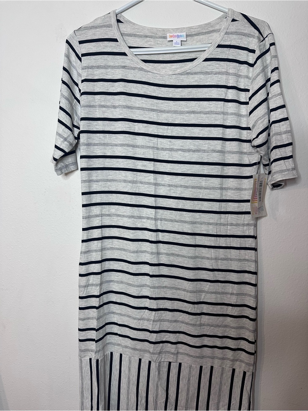 LuLaRoe Light Gray and Black Striped Midi Dress
